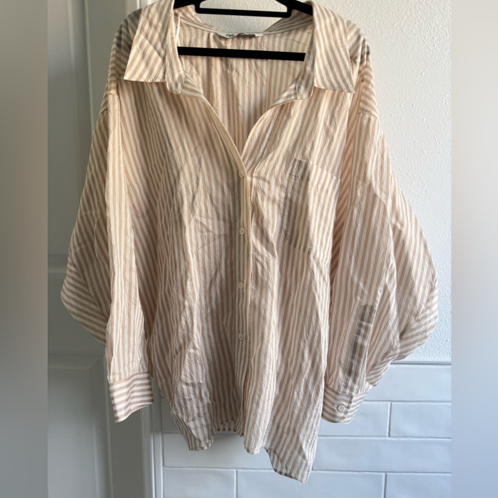 Zara Beige and White Striped Button Down Shirt Size Small